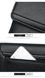 Detail of black lychee grain leather bag with precision stitching and rear zipper pocket