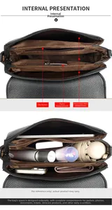 Internal structure of black lychee leather crossbody bag with triple compartments