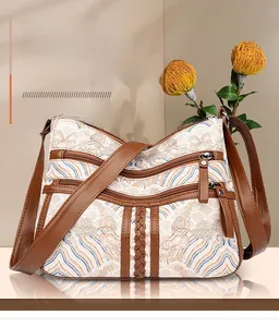 Detail of blue tote bag with cloud patterns, multi-layer zippers and adjustable strap