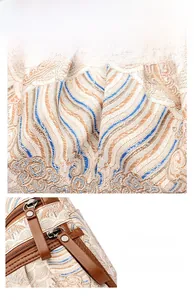 Detail of retro jacquard fabric pattern and leather zipper puller on a tote bag