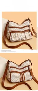 Detail of crossbody bag showing multi-zipper pockets and wavy pattern fabric