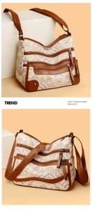 Detail view of multi-zippered crossbody bag with retro cloud pattern and leather strap