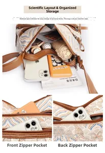 Detail of national style tote bag showing spacious compartments and zipper pockets