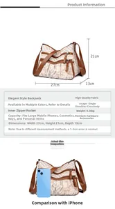 Detailed dimension chart showing multi-pocket printed crossbody bag size and specs