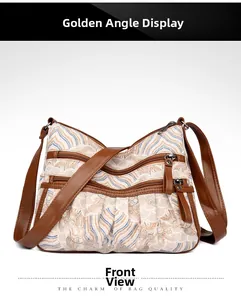 Detail of crossbody bag featuring multi-zipper pockets and wave pattern embroidery