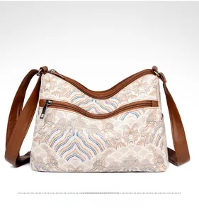 Detail view of the bag back side with landscape print and double zipper pockets