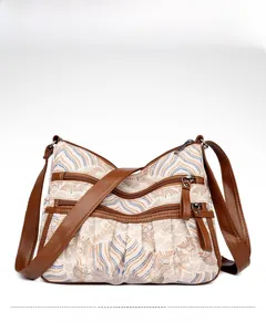 Detail view of vintage crossbody bag with multiple zippers and ethnic wave embroidery
