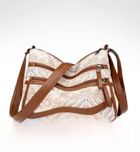 Detail of crossbody bag with wave jacquard pattern and multiple zipper compartments
