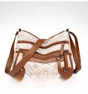 Detail view of jacquard fabric shoulder bag with three zippered pockets and leather trim