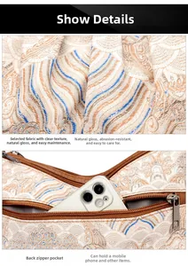 Close-up of jacquard fabric with gold wave patterns and a rear zipper pocket for phone