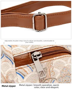 Detail of adjustable leather strap and smooth metal zipper on vintage jacquard crossbody bag