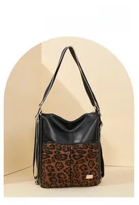 Detail of leopard print PU leather bag showing adjustable strap and metallic hardware