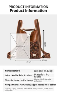 Detailed size chart and internal structure of the leopard print PU leather backpack