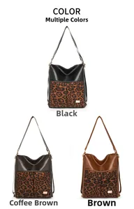 Multiple color options showing leopard print handbags in black, coffee brown and brown