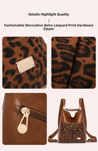 Detail view of retro leopard print backpack with gold hardware and metal zippers