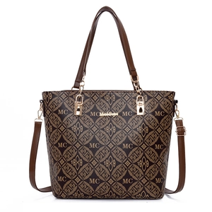 Sac cabas vintage marron avec motif monogramme rétro et bandoulière réglable