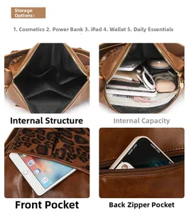 Detail view of the brown leather bag interior with leopard print and multiple compartments