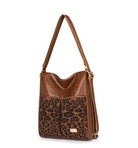 Detail view of brown faux leather shoulder bag featuring stylish leopard print splicing