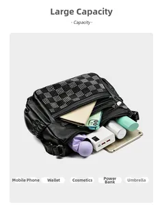 Détails du sac noir haute capacité avec damier en strass et plusieurs fermetures éclair
