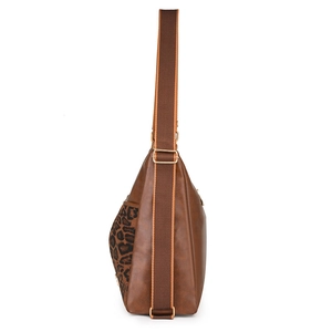 Brown leather crossbody bag with leopard print side panels and adjustable wide strap