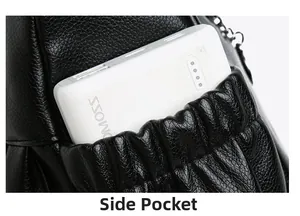 Détail de la poche latérale élastique sur le sac noir en cuir à grain lychee