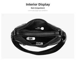 Vue intérieure détaillée du sac à bandoulière grande capacité avec plusieurs compartiments zippés