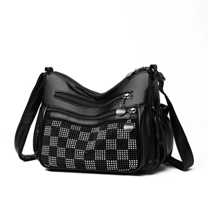 Sac Bandoulière Femme Cuir PU Texture Litchi Strass Damier Multi Poches Zippées Grande Capacité Rétro Mode