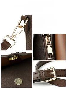 Detail of dark brown matte leather messenger bag with premium gold hardware accents