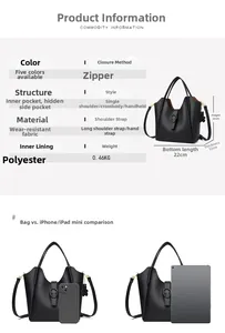 Detail view of black pebble leather bucket bag showing capacity vs iPad and phone