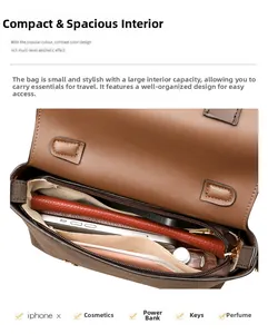 Internal view of the brown messenger bag showing multiple compartments and inner zip pocket