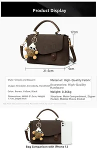 Detailed size comparison and specifications for the brown messenger bag with plush charm