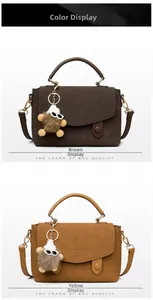 Detail showing two textured suede messenger bags in brown and yellow with plush charms
