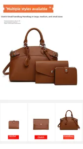 Detailed set of brown pebble grain tote bag, clutch, and wallet with metal hardware