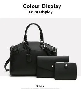 Detailed set of black lychee grain PU leather tote bag, envelope clutch, and wallet