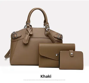 Three-piece khaki tote bag set featuring large shoulder bag, pouch and wallet