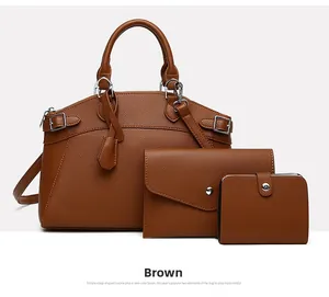 Three-piece brown leather handbag set with lychee grain texture and metal hardware