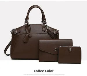 Detailed view of coffee-colored 3-piece bag set with lychee texture and silver hardware