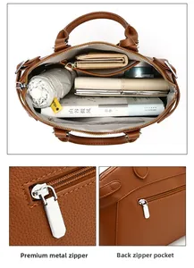 Detail view of large capacity brown tote bag showing interior storage and zipper pocket
