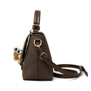 Brown faux suede messenger bag with plush owl charm for women daily commuting