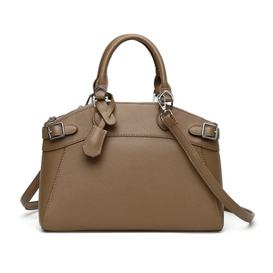 Brown litchi grain leather tote bag with dual handles and detachable shoulder strap