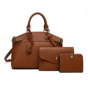 Three-piece brown litchi pattern leather tote bag set with envelope clutch and wallet