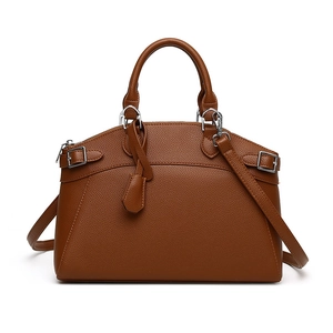 Brown litchi grain leather tote bag with dual handles and adjustable shoulder strap