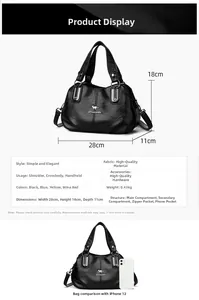 Specifiche dettagliate della borsa a mano nera in pelle a grana, misura 28x18x11cm