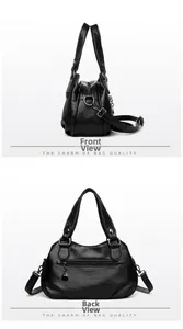 Dettagli del profilo laterale e della tasca posteriore con zip della borsa nera