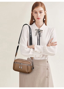 Detail of khaki crossbody bag featuring lychee texture and dual metal zippers