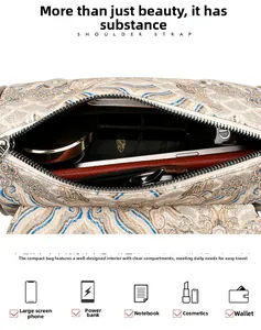 Interior view of embroidered pillow bag showing multiple storage compartments and zippers