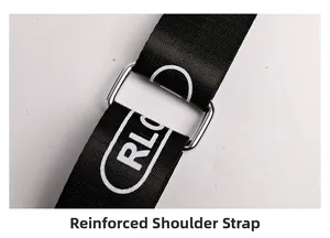 Detail of reinforced black nylon shoulder strap with silver metal buckle and RLO text