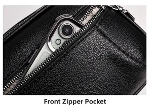 Close-up of front zipper pocket on black lychee texture crossbody bag with mobile phone