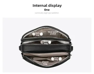 Detailed interior view of black crossbody bag showing three main zipper compartments