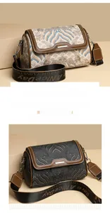 Detail of retro jacquard shoulder bags with embroidery and branded woven strap